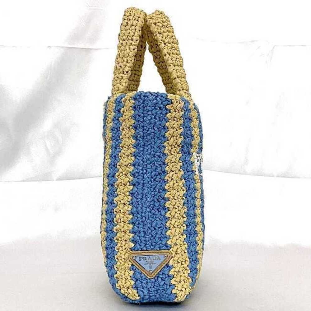 Prada Blue Stripe Crochet Straw Tote Bag Beige Tan Raffia NATURALE Triangle